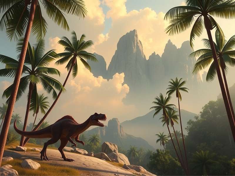 A majestic Brachiosaurus in a lush Jurassic World setting during golden hour