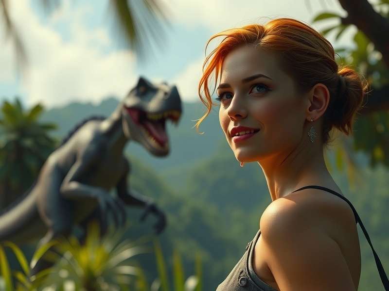 Concept art of Scarlett Johansson as Dr. Althea Sorenson in Jurassic World Rebirth, standing in a high-tech lab with a holographic dinosaur.