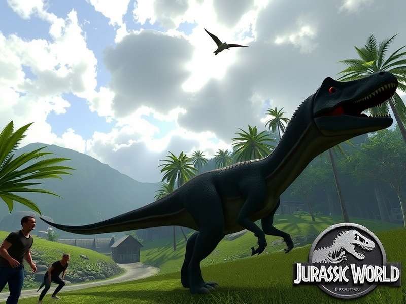 Screenshot of Jurassic World Evolution park with dinosaurs and guests