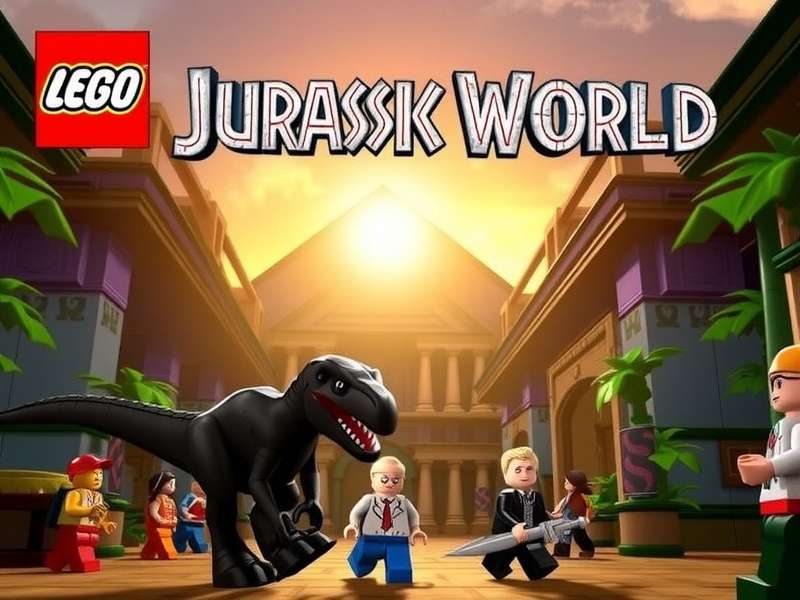 Lego Jurassic World gameplay screenshot showing a Lego T-Rex breaking through a gate