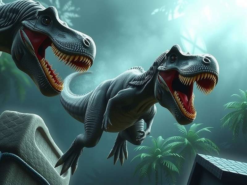 Jurassic World El Renacer film scene showing a T-Rex in a dramatic setting