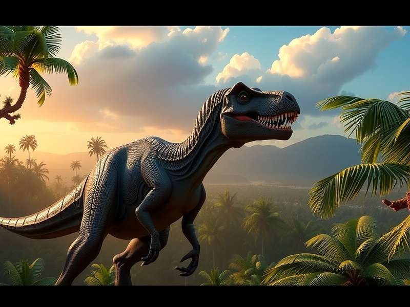 Iconic Jurassic Park gate with dramatic lighting