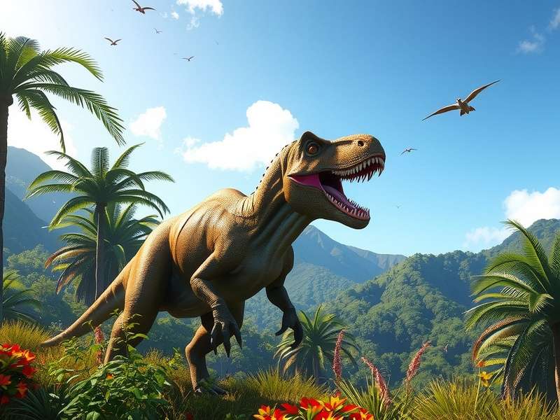 Panoramic view of a Jurassic World Evolution park with Brachiosaurus and visitors