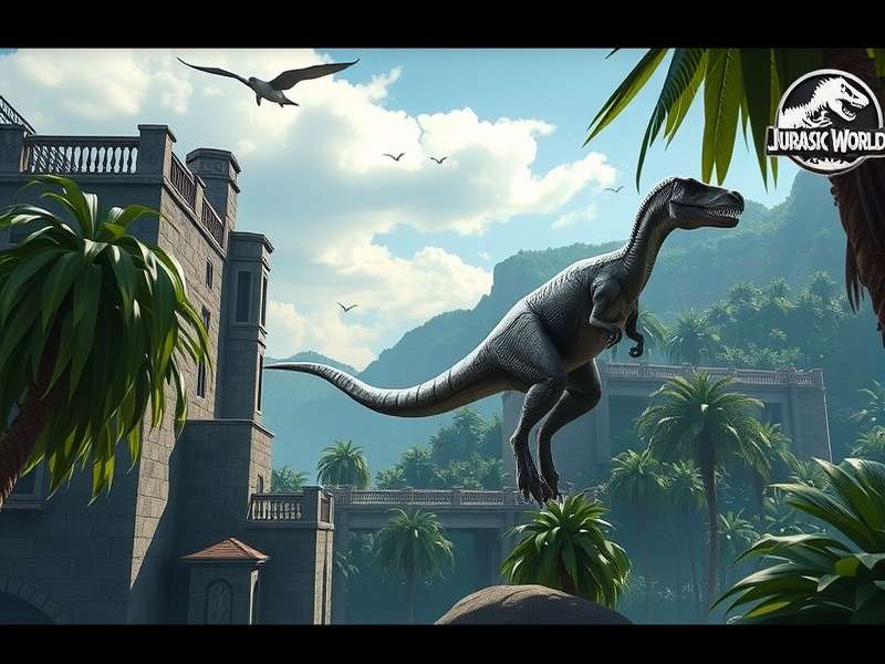 A thriving Jurassic World park with Brachiosaurus and visitors