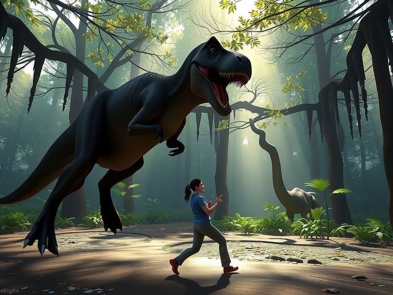 Dramatic scene of dinosaurs fleeing a volcanic eruption on Isla Nublar