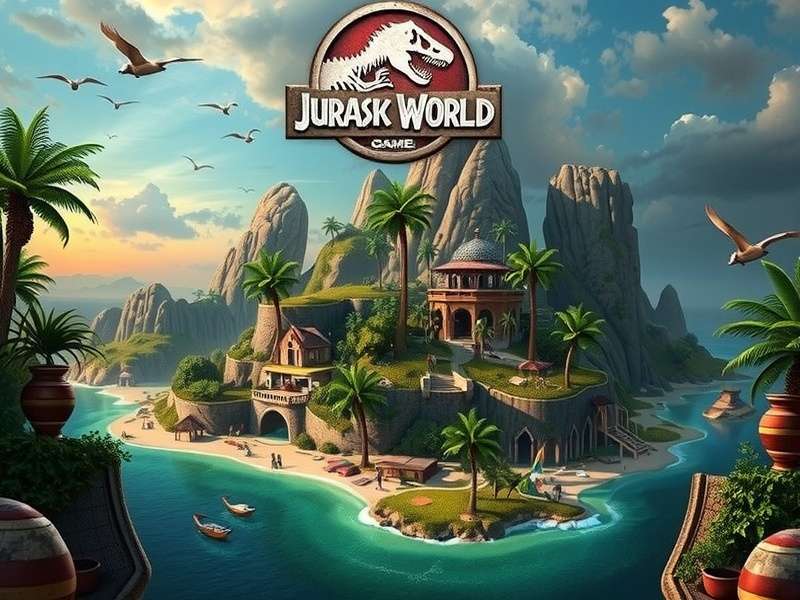 A detailed map of Jurassic World showing various zones and dinosaur habitats