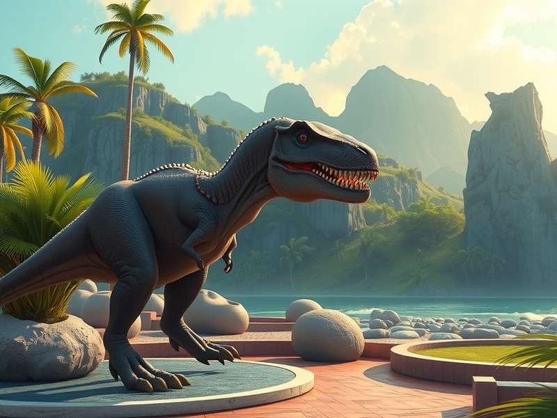 Jurassic World Park concept art showing a sprawling dinosaur park with guests and majestic creatures