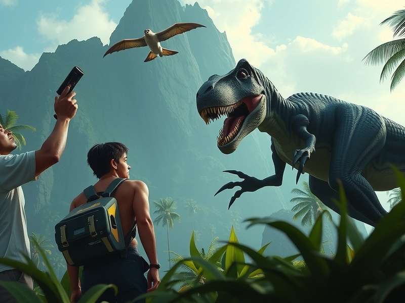 A breathtaking panoramic view of Jurassic World The Experience featuring a T-Rex and visitors