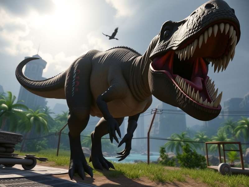 A vibrant overview of a successful Jurassic World park in Evolution 3, showing various dinosaurs and guest facilities