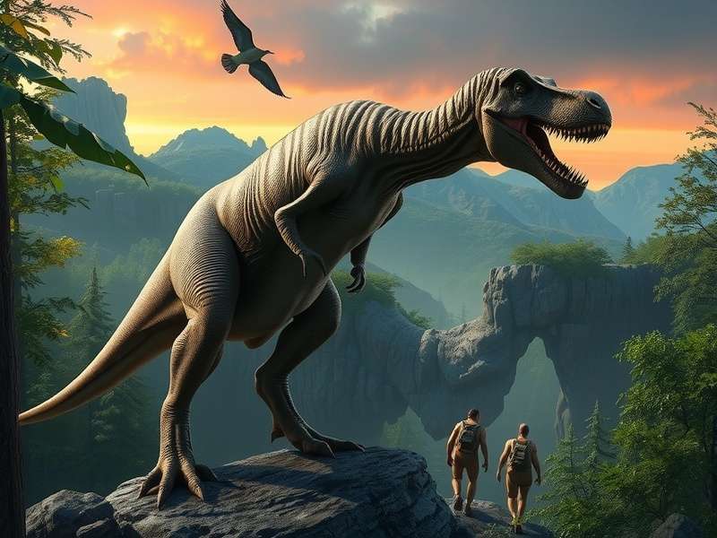 Jurassic World T-Rex roaring in the rain