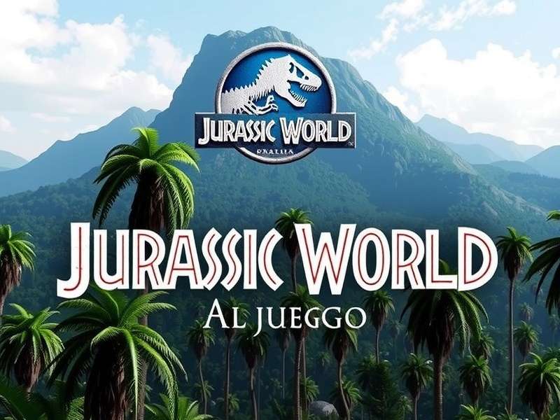 Screenshot of Jurassic World El Juego showing a vibrant dinosaur park with various enclosures