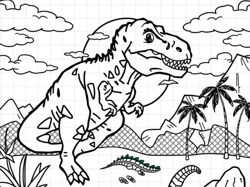 A detailed Jurassic World coloring sheet showing a T-Rex in a jungle