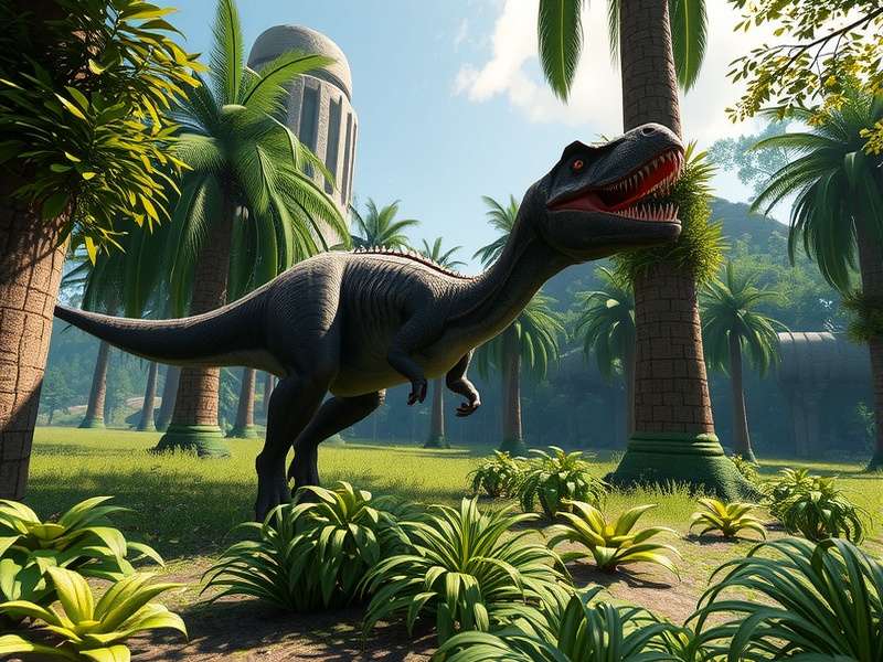 Jurassic World T-Rex roaring in misty jungle