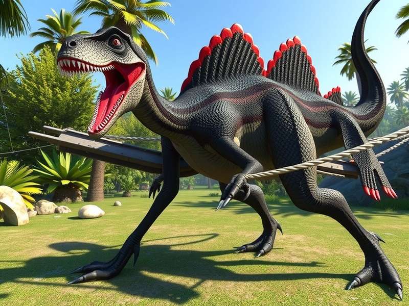 Artistic depiction of a Spinosaurus in a lush Jurassic environment