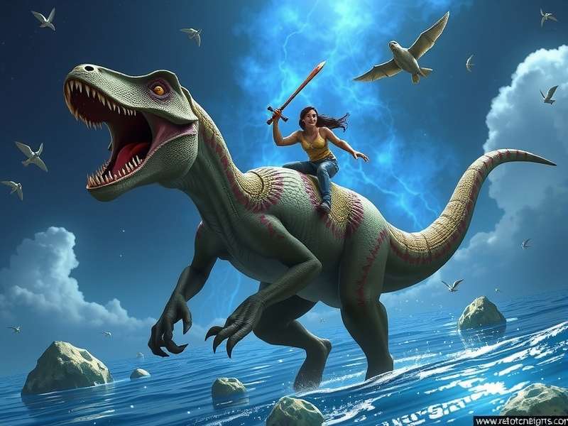 Gameplay screenshot from Jurassic Rebirth showing a player observing a Brachiosaurus herd at sunset