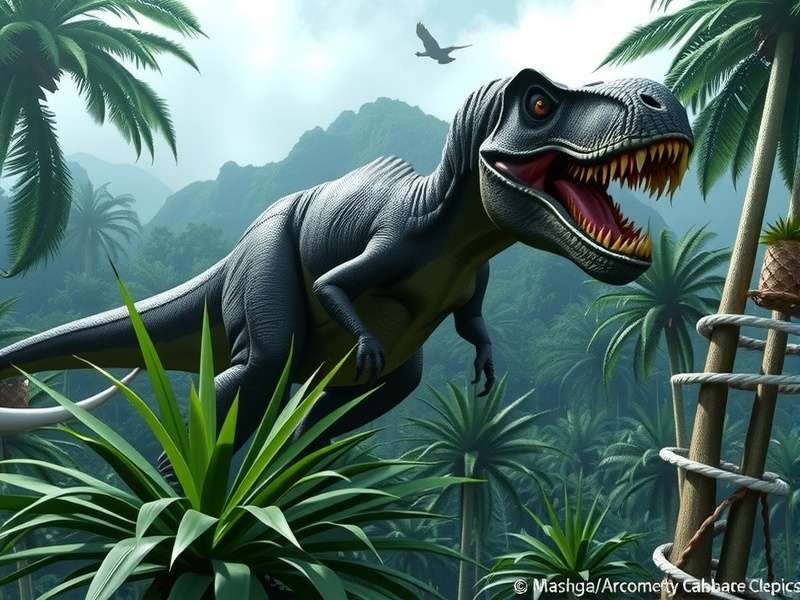 A dramatic scene from Jurassic Park featuring the iconic T-Rex and a Jeep