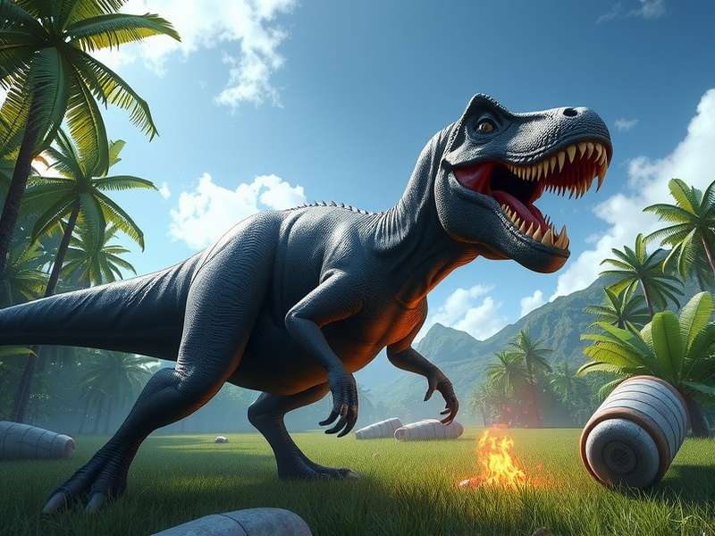 Concept art for Jurassic World Recomeço showing a futuristic visitor centre and a Brachiosaurus