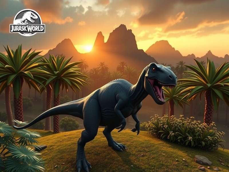 Concept art of the new Jurassic World Main Street under a dramatic sky