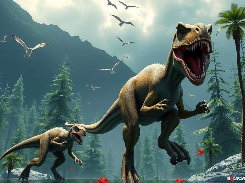 Jurassic World game screenshot showing a Tyrannosaurus Rex in a lush jungle environment