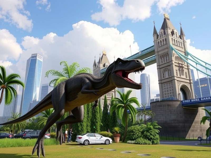 Concept art of a dinosaur near London's Tower Bridge