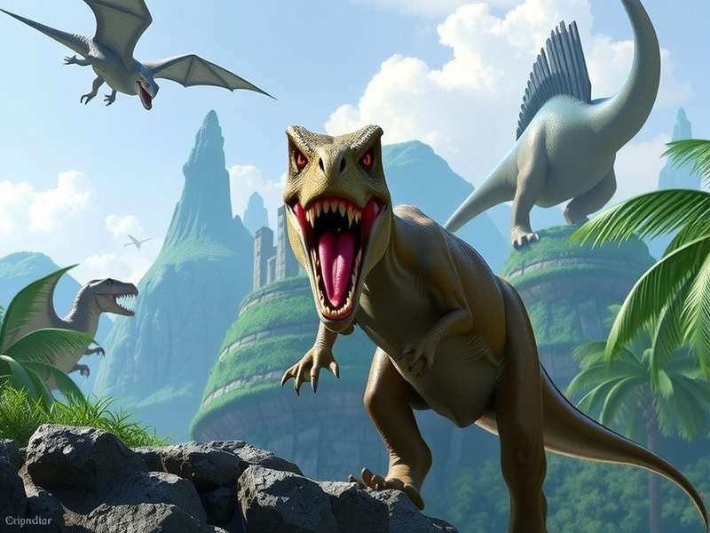 A panoramic scene from Jurassic World Dominion featuring multiple dinosaurs in a lush ecosystem