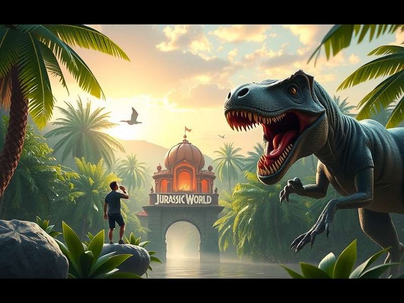 A collection of video screenshots from various Jurassic World media on multiple screens