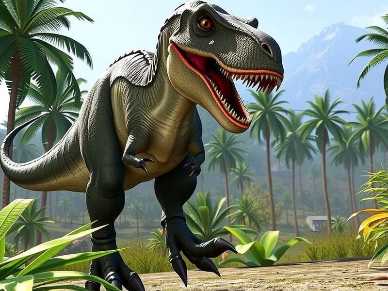 Jurassic World Rebirth game screenshot showing T-Rex in lush environment
