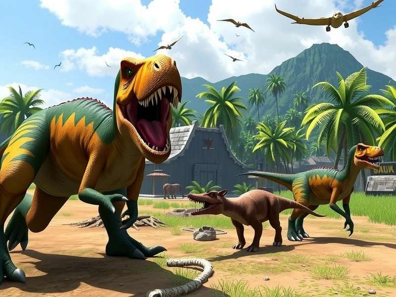 Jurassic World Fallen Kingdom gameplay screenshot showing dinosaurs in a park