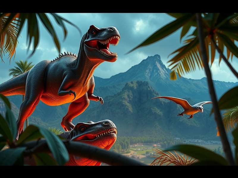 Teaser concept art for the New Jurassic Park Movie showing a dense jungle and a hidden Spinosaurus silhouette