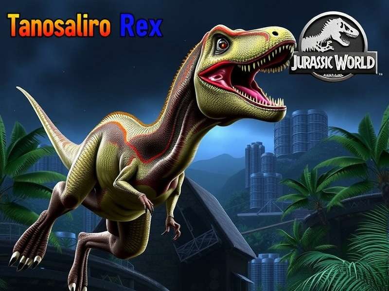 Tyrannosaurus Rex roaring in Jurassic World landscape