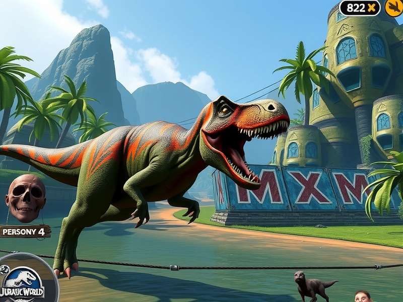 A dramatic shot of a Tyrannosaurus Rex in a Jurassic World enclosure with mist and tropical plants