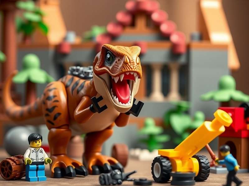 Lego Master Builder Sarah Chen with her custom Isla Sorna Jurassic World creation