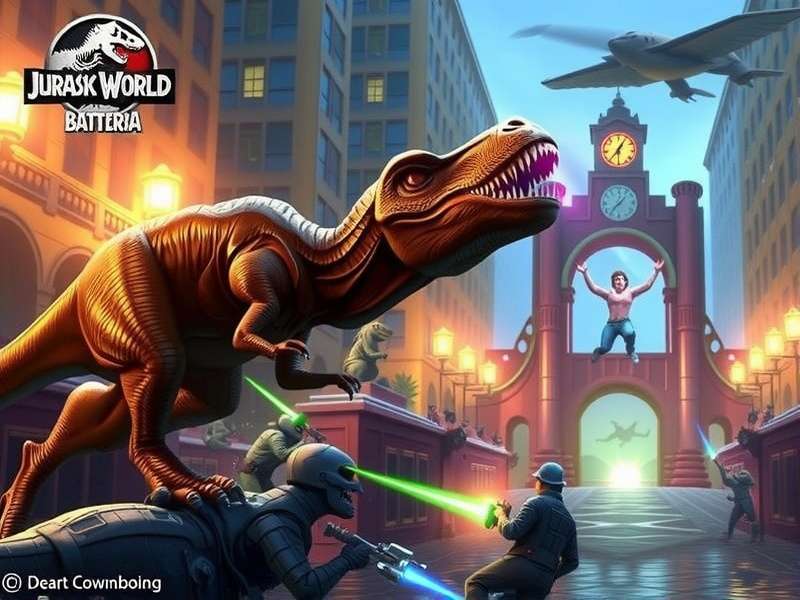 Jurassic World Battersea main entrance with a towering T-Rex silhouette