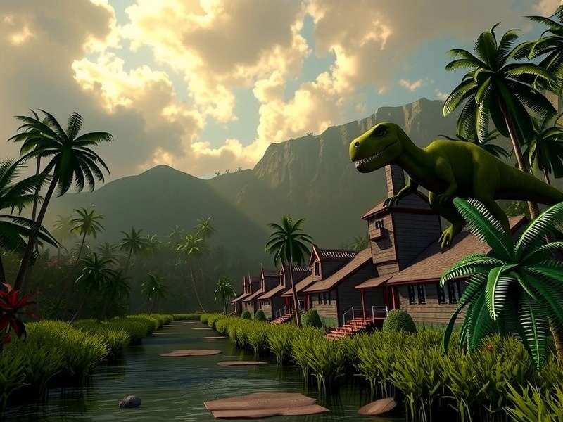 A majestic Brachiosaurus in the new Jurassic World park, symbolising rebirth