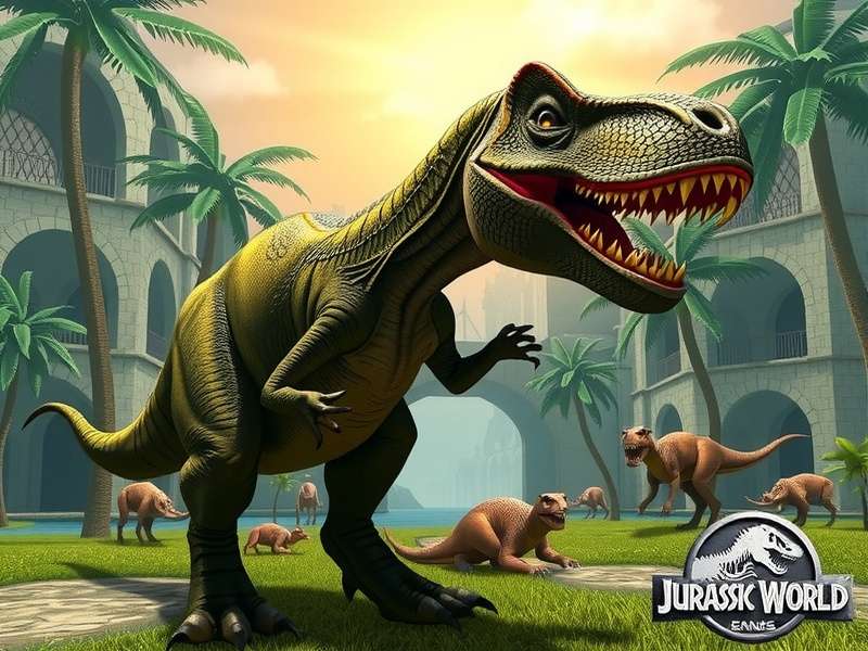 Jurassic World Renace concept art featuring dinosaurs and futuristic elements