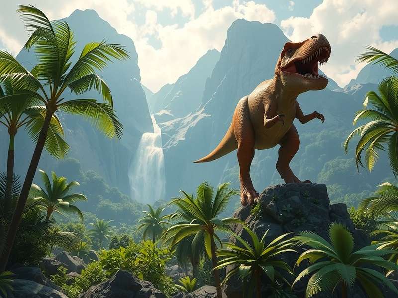 A dramatic scene from Jurassic World Odrodzenie showing a T-Rex in a misty forest