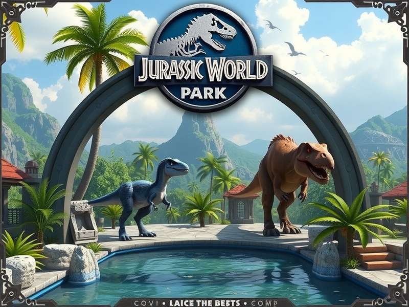 Aerial view of Jurassic World Park's main street and lagoon