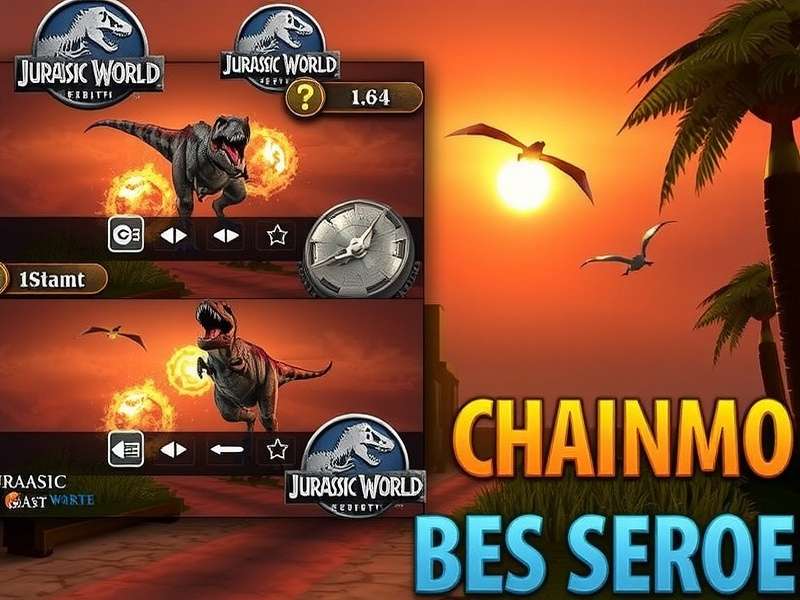 A panoramic view of the Isla Nublar environment in Jurassic World Rebirth Online, showing dense jungle, a distant volcano, and a Tyrannosaurus Rex roaming near ruins.