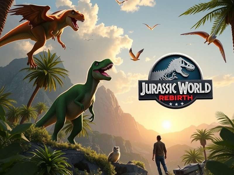 Jurassic World Rebirth streaming scene with dinosaurs and dramatic landscape