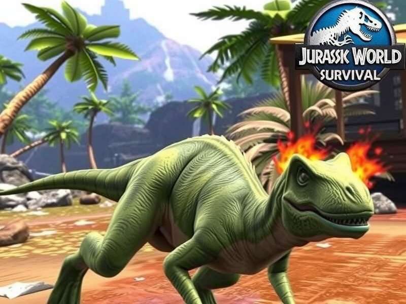 Jurassic World Survival gameplay scene showing a dinosaur in a forest environment