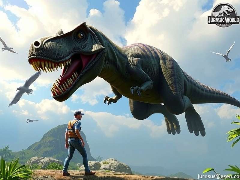 Immersive gameplay scene from Jurassic World The Experience showing dinosaurs and park visitors