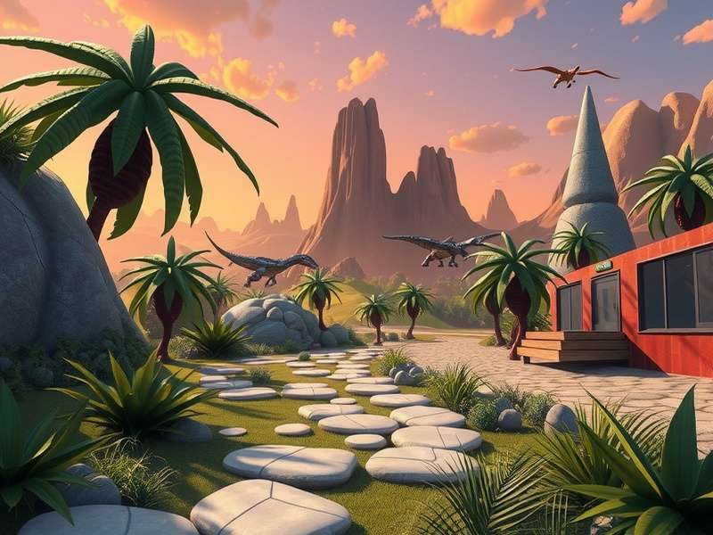 A thrilling scene from the Jurassic World game showing a T-Rex in a modern park setting