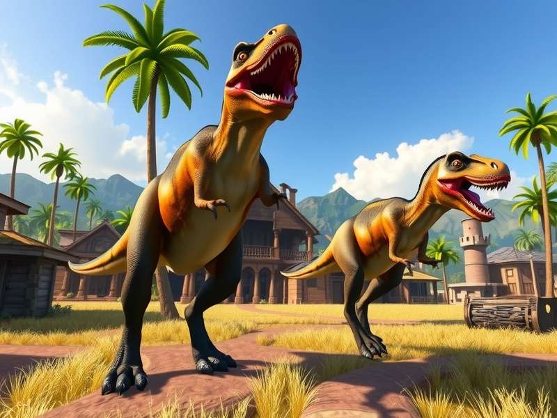 Jurassic World Evolution gameplay screenshot showing a dinosaur park