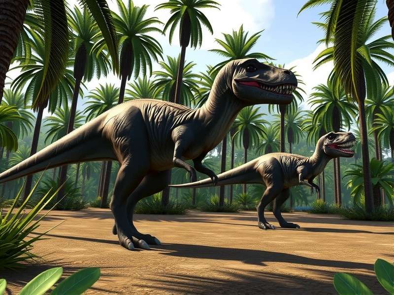 Jurassic World Evolution 3 gameplay screenshot showing a T-Rex in a lush park