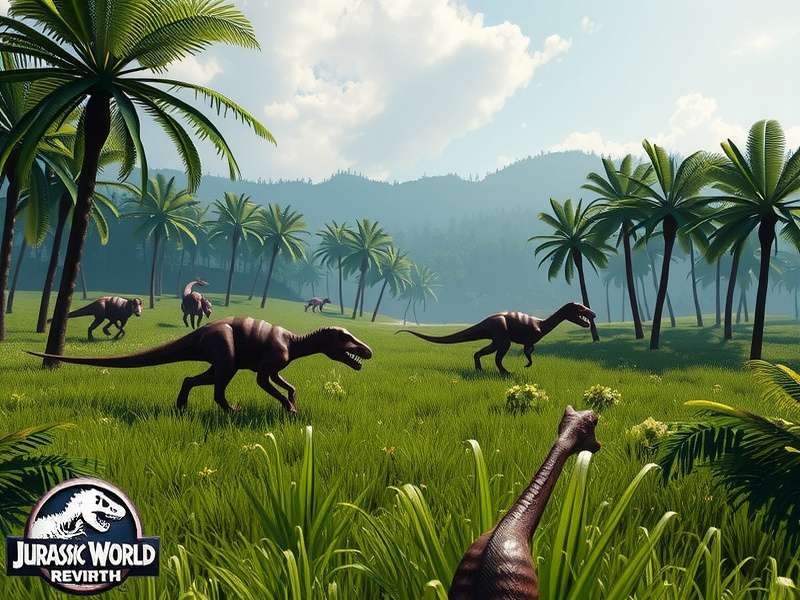 Screenshot from Jurassic World Rebirth showing a lush jungle valley with Brachiosaurus and a new visitor centre