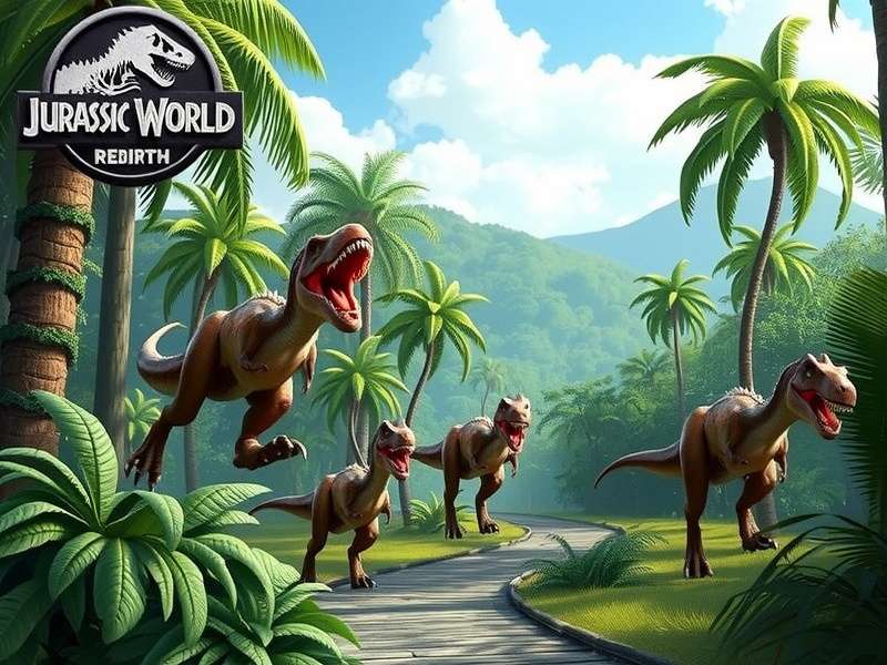 Cast members rehearsing a scene in a dinosaur workshop set