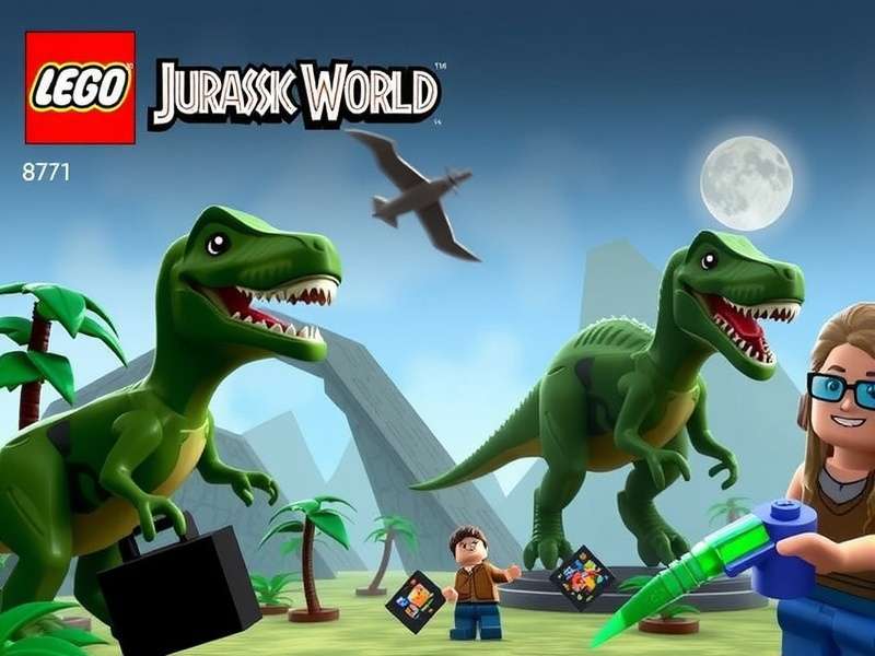 Lego Tyrannosaurus Rex roaring amidst colourful brick scenery