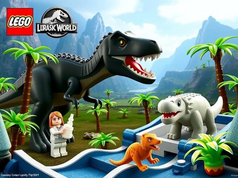 Lego dinosaurs and characters in a jungle setting