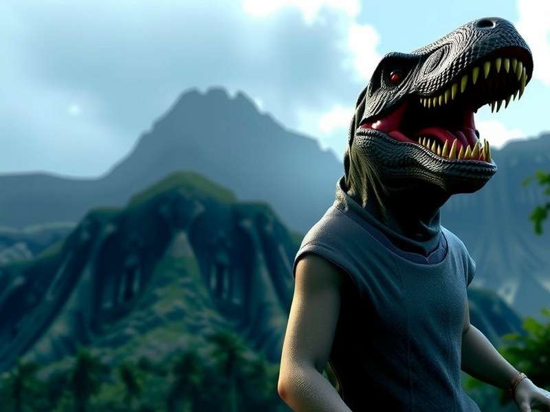 Fan art concept of Scarlett Johansson in a Jurassic World setting with a velociraptor