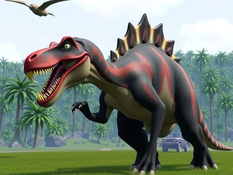Giganotosaurus roaring in Jurassic World environment